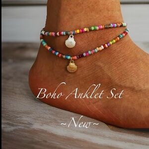 Beaded Sea Shell Pendant Anklet Bracelet Set  in Gold & Silver ~NEW~